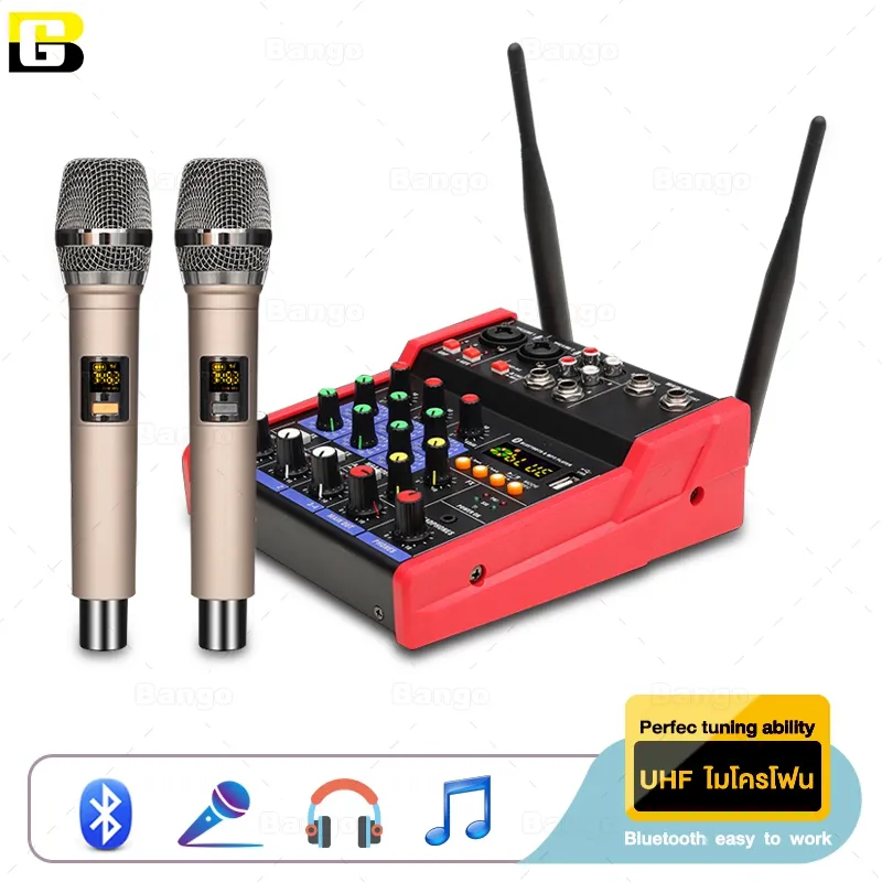 BANGO เครื่องผสมเสียง 4ช่อง สเตอริโอมิกเซอร์ ไร้สายบลูทู ธ มีช่อง USB สเตอริโอมิกเซอร์ ผสมสัญญาณเสียง 2 ไมโครโฟน AMP52
