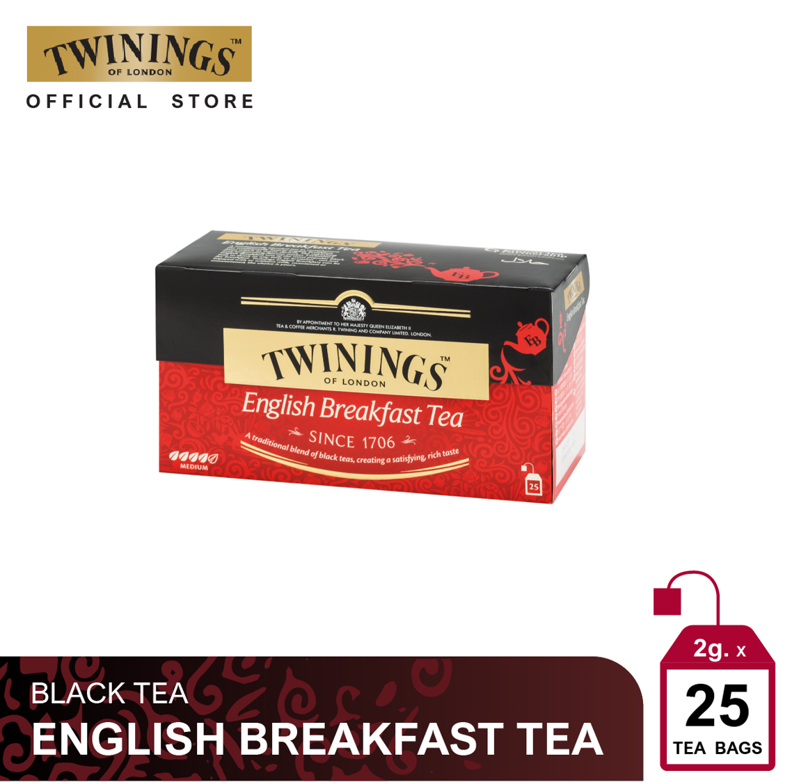 ทไวนิงส์ ชาสีอำพันสว่าง อิงลิช เบรกฟาสต์ ชนิดซอง 2 กรัม แพ็ค 25 ซอง Twinings English Breakfast Tea 2 g. Pack 25 Tea Bags