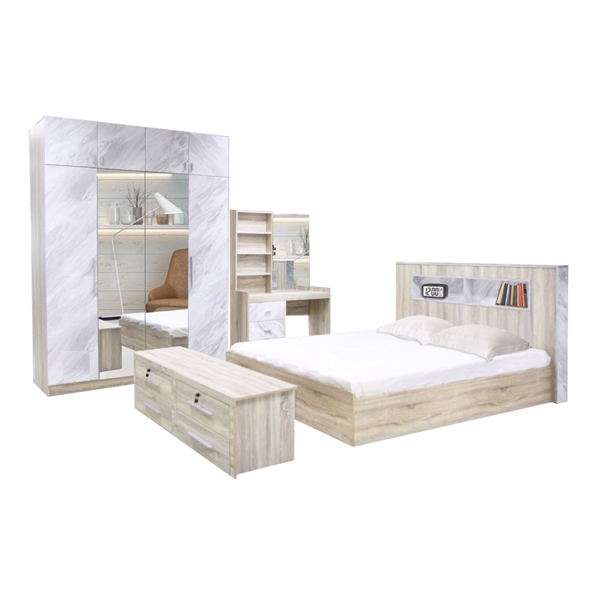 Raminthra Furniture ชุดห้องนอน 6ฟุต พรีเมี่ยม ( เตียง 6ฟุต+ตู้เสื้อผ้า 1.60ม.+โต๊ะแป้ง 1ม.+ที่นอนสปริง 6ฟุต) สีโซลิดลายหินอ่อน Bedroom Set kingsize ราคา 26,900 บาท*ส่งฟรี
