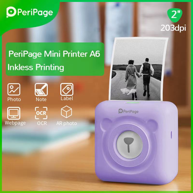 เครื่องปริ้นพกพา เครื่องปริ้นฉลาก เครื่องปริ้นไร้หมึก PeriPage A6 ของแท้ PeriPage Mini Printer A6 เเถมเคสใส1+สติ๊กเกอร์6ม้วน