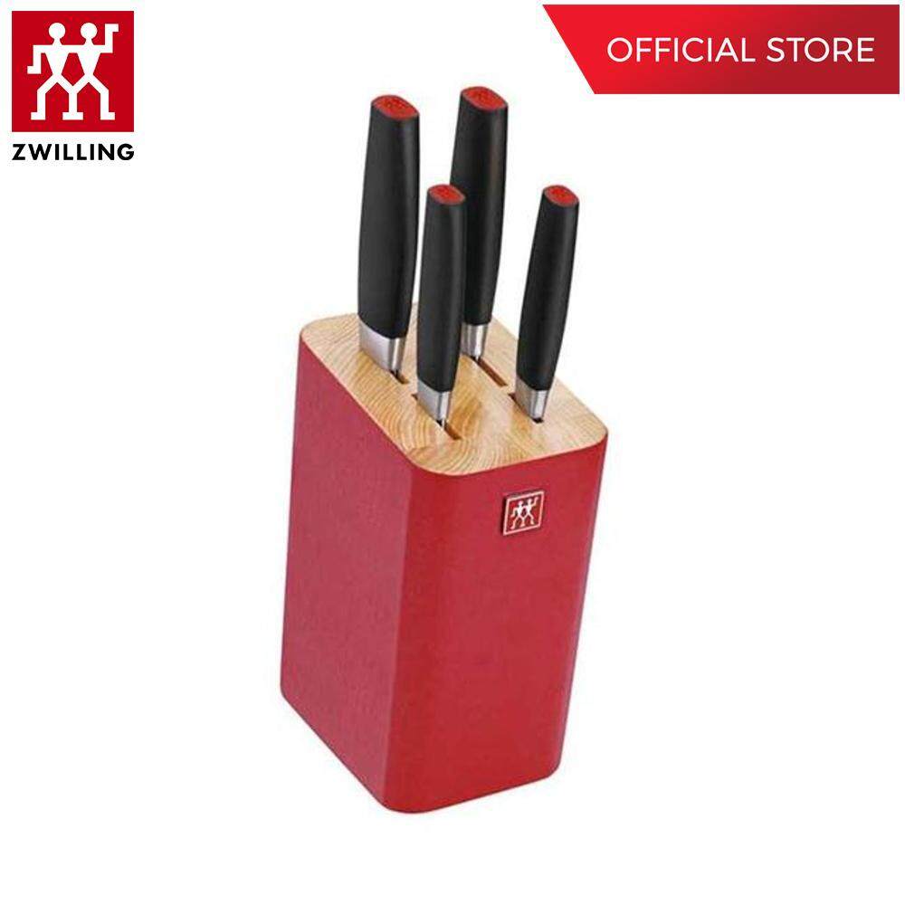 Zwilling ชุดมีดสแตนเลสสตีลพร้อมบล็อกไม้ รุ่น Zwilling Select เซท 5 ชิ้น ทนทาน สีเงิน ด้ามสีแดง N38690005