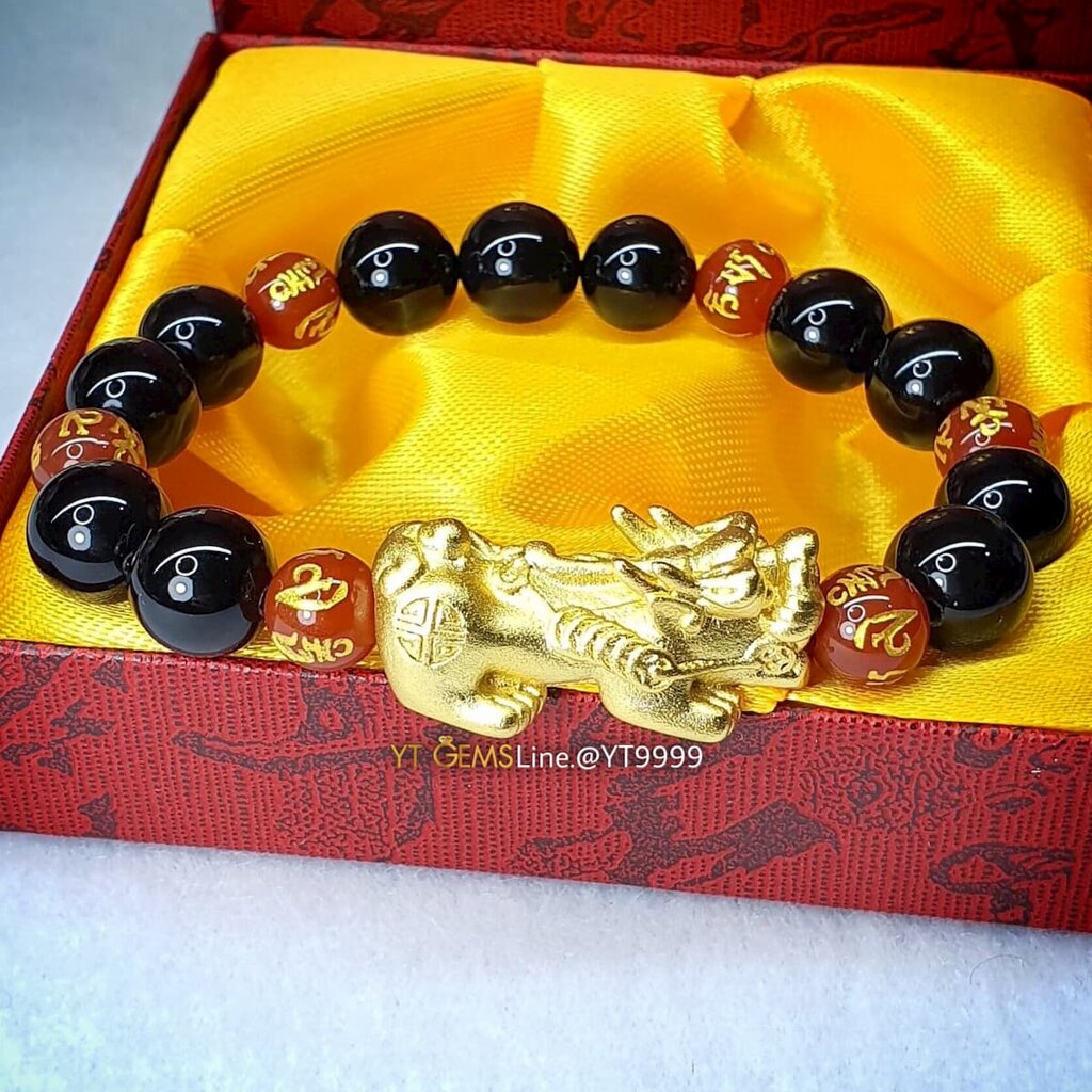 สร้อยข้อมือปี่เซียะ ชุบทอง นิลแท้ + คาร์เนเลี่ยนแท้ สลักคาถา YTG-10936 ราคา 2,390 บาท*ส่งฟรี