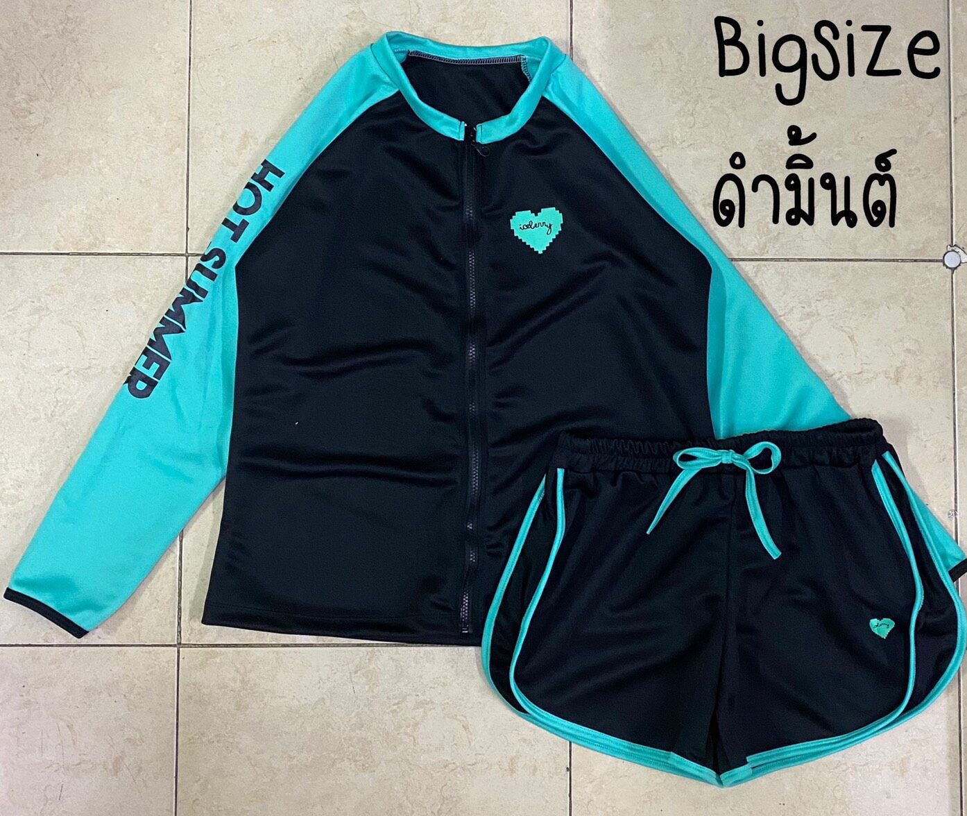 ชุดว่ายน้ำคนอ้วน ชุดว่ายน้ำ Big size รุ่นกางเกง-เสื้อซิปหน้าลายหัวใจ