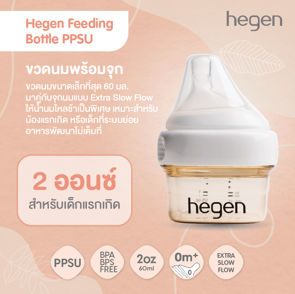 Hegen PCTO™ ขวดนม ขวดนมทรงเหลี่ยมPPSU ขวดนมสีชา ขวดนมPPSU ขนาด 2oz/60ml - จุกนมเสมือนนมแม่ เบอร์ 0 Extra Slow Flow สำหรับ 0-1 เดือน - Feeding Bottle