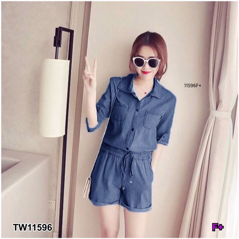 GN11596 **รบกวนสอบถามstockก่อนสั่งซื้อจ้า** จั้มสูทยีนเทียมขาสั้น short legged jean jumpsuit