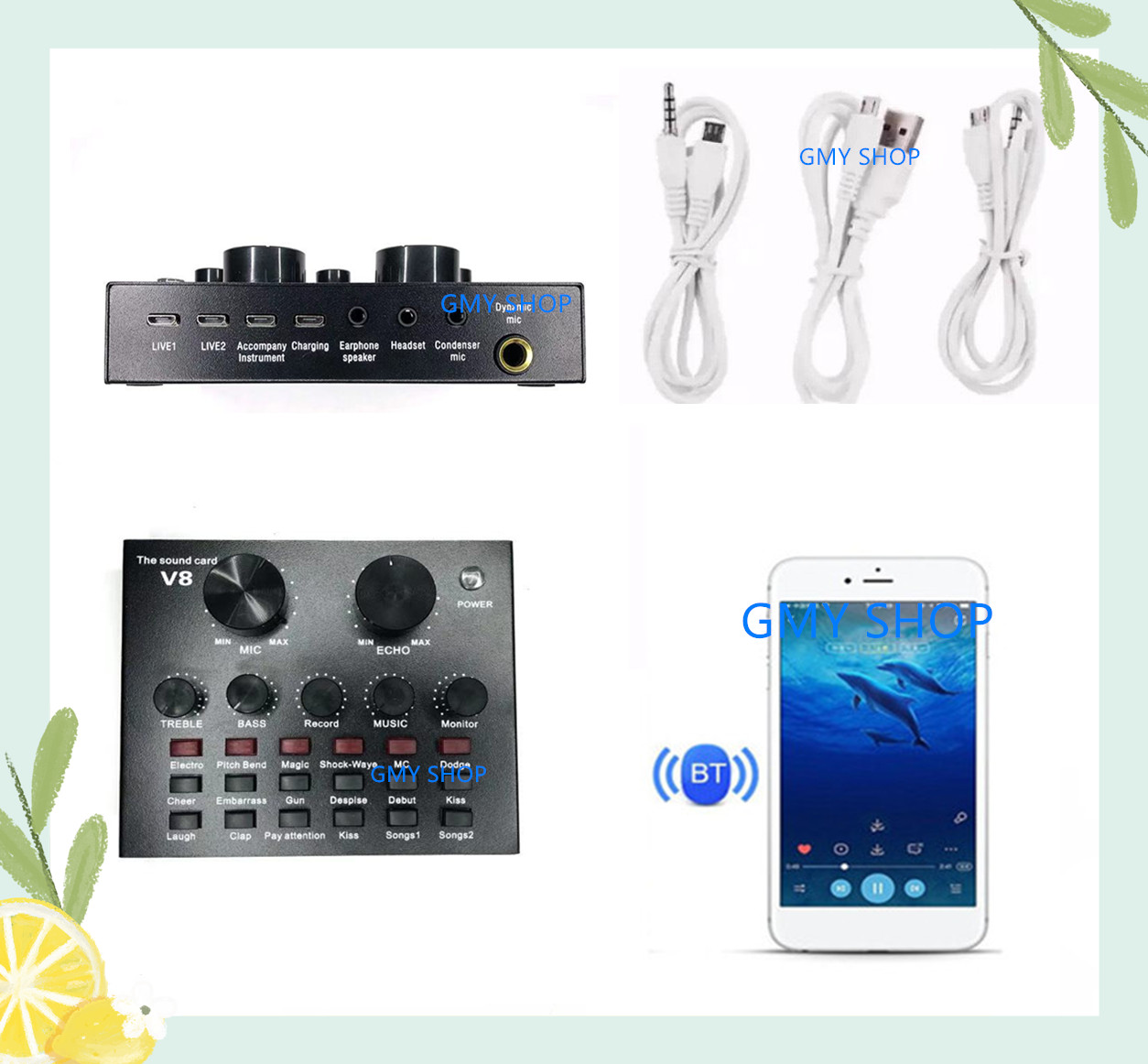 V8 V8S+ Audio Live Sound Card for Phone Computer USB Headset Microphone Webcast-(Bluetooth)