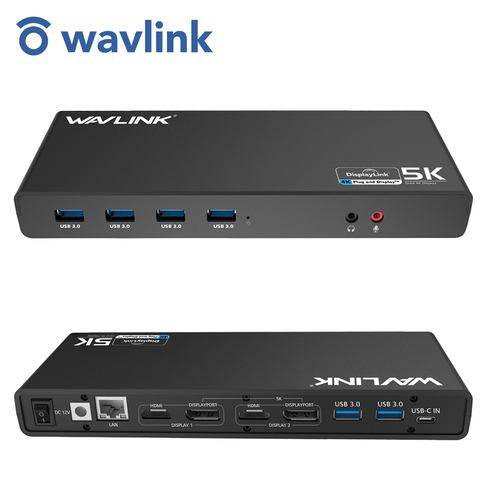 Wavlink USB C 5K แล็ปท็อปสถานีเชื่อมต่อสากล Ultra HD จอแสดงผลหลายจอ Dock 2 × HDMI DisplayPort Gigabit Ethernet ประเภท C 6 × USB 3.0เสียง Mic และโหมดการแสดงผล: กระจกขยาย