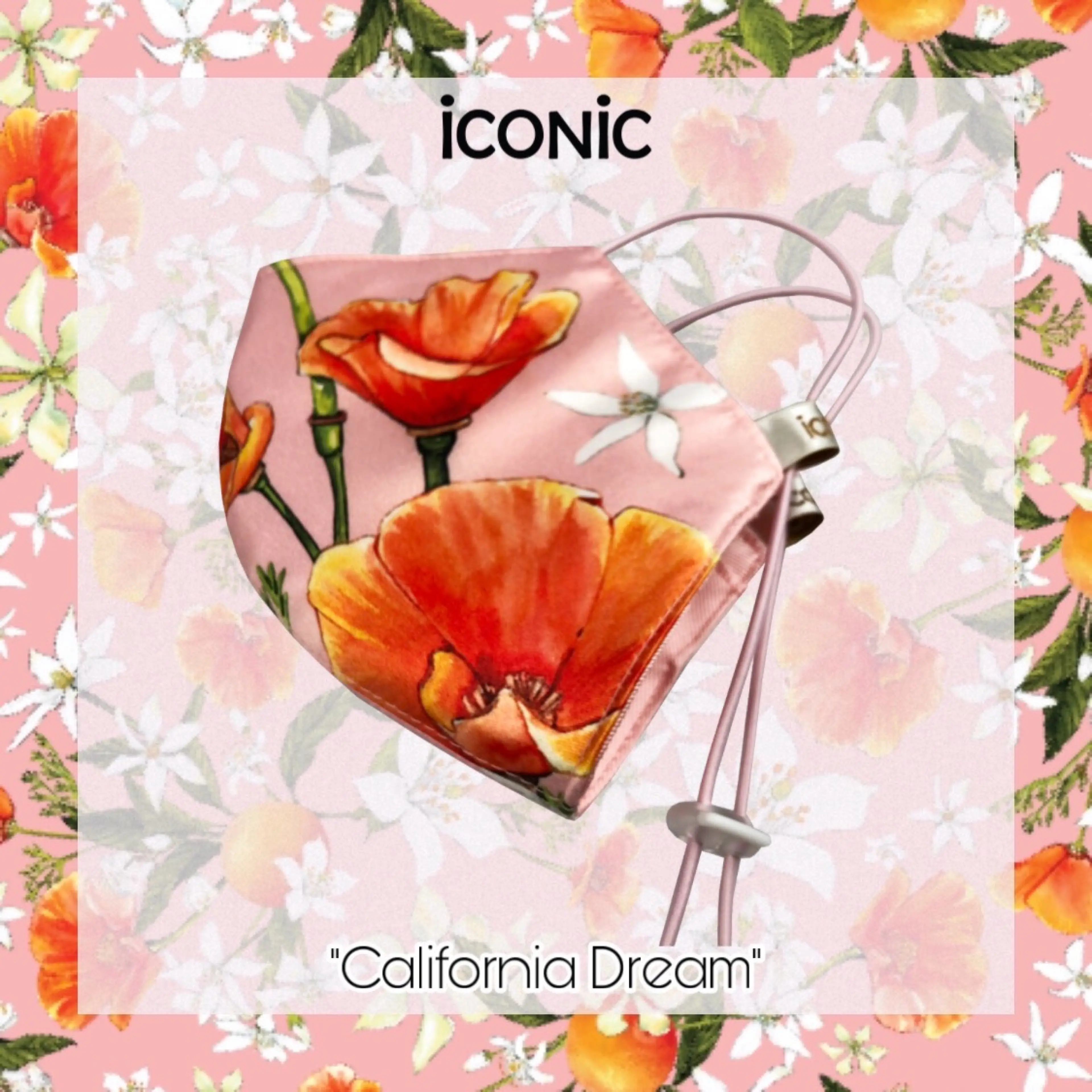 iCONiC - CALIFORNIA DREAM Mask Pink #4425 - ชมพู หน้ากากผ้า หน้ากากอนามัย รุ่นล่าสุด ลายพิมพ์ สดใส ลวดลาย สุดพิเศษ ดอกป๊อปปี้ สีส้ม