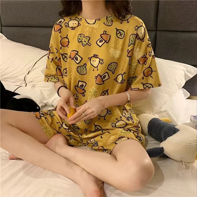 Cชุดนอนผุ้หญิงแฟชั่นสไตล์เกาหลี ชุดนอนแบบแขนสั้นขาสั้น ชุดนอนผ้าคอตตอน  ชุดนอนลายการ์ตุน