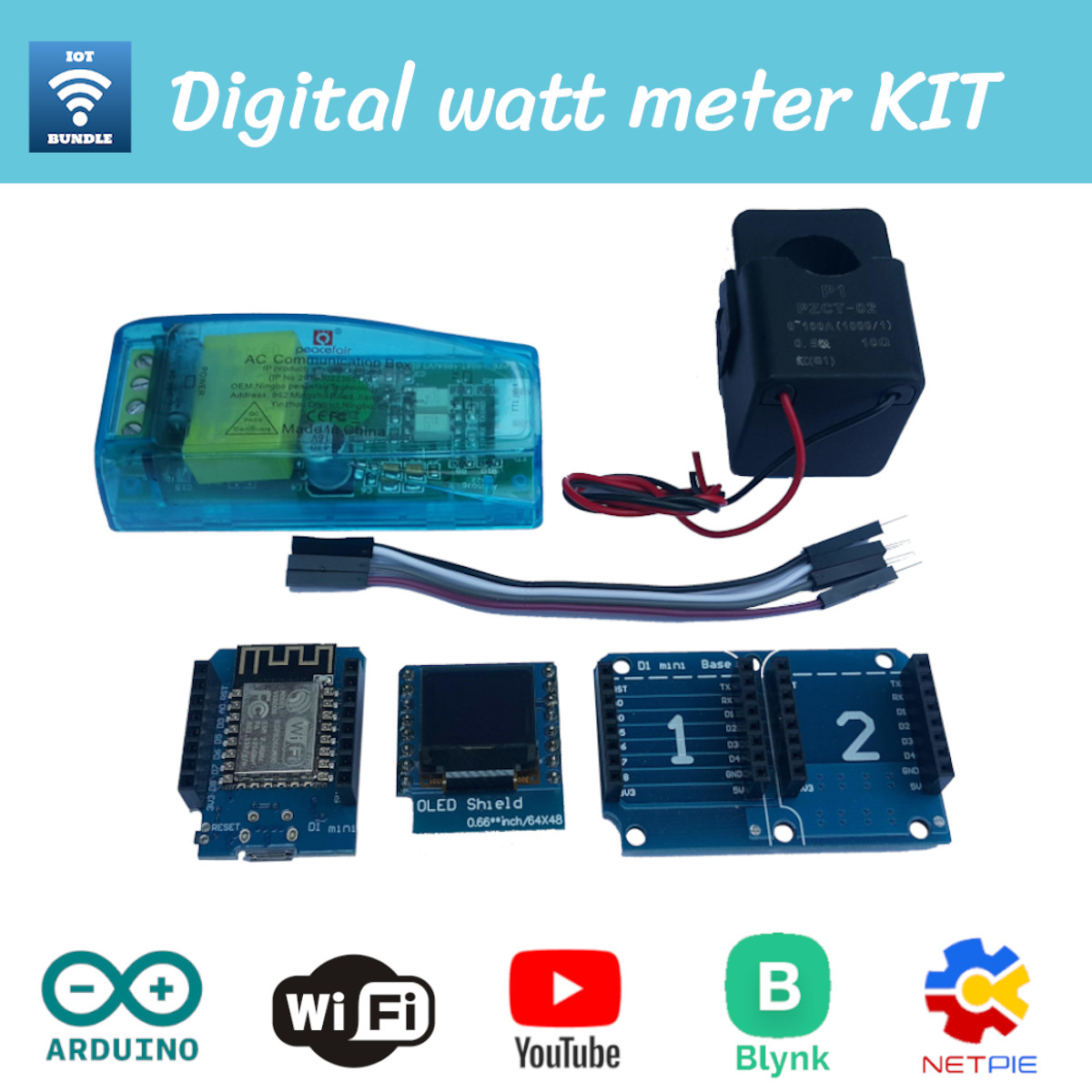 ชุดวัดพลังงานไฟฟ้า Digital watt meter kit, Digital Power meter kit (สำหรับเขียนโค๊ดเอง) | WeMos ESP8266 + PZEM 004t V3 + OLED 0.66