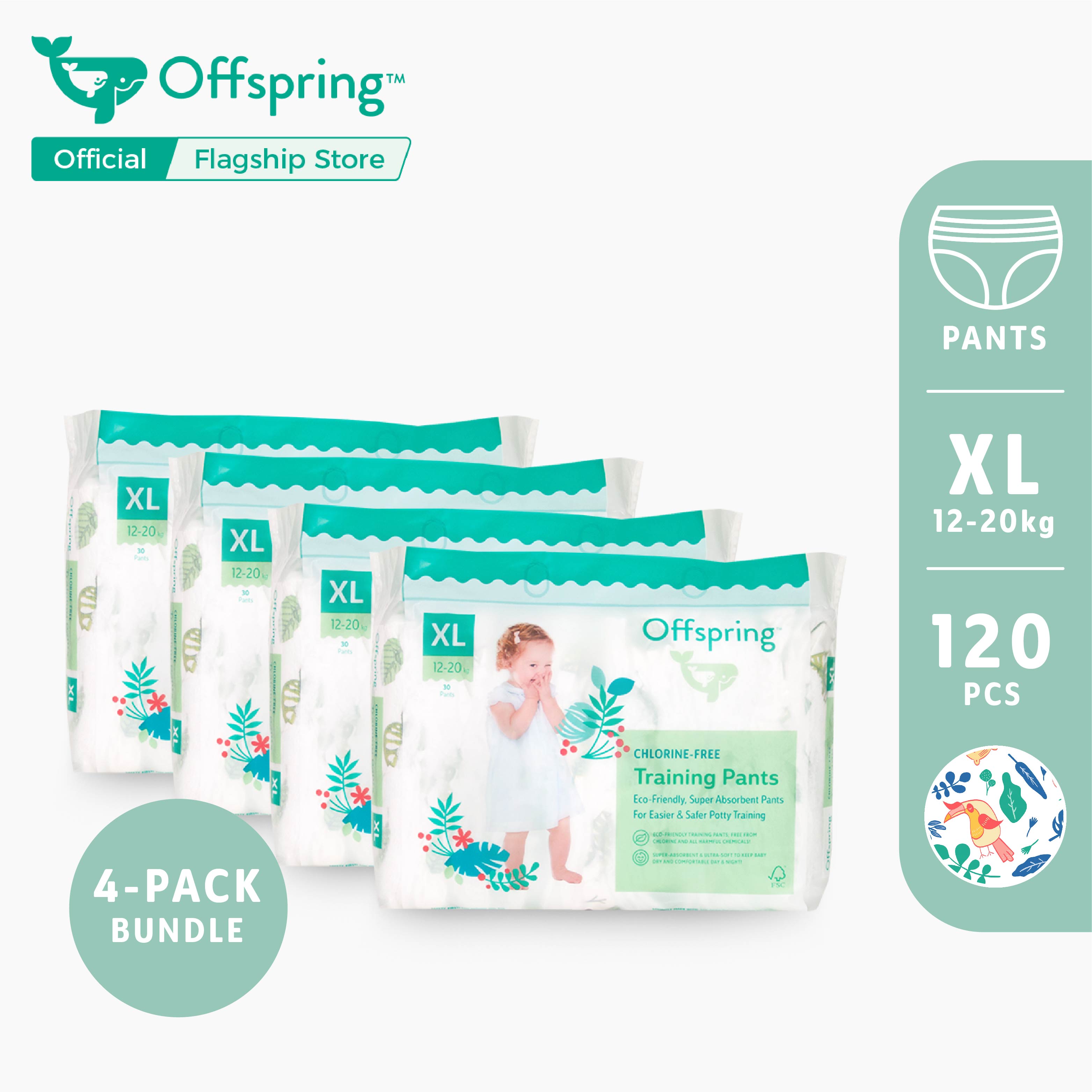 ผ้าอ้อม Offspring รุ่นกางเกง ไซต์ XL (12-20kg) ยกลัง 4 แพค 120 ชิ้น Offspring Fashion Pants XL Bundle 4 packs 120 pcs ราคา 2,048 บาท*ส่งฟรี