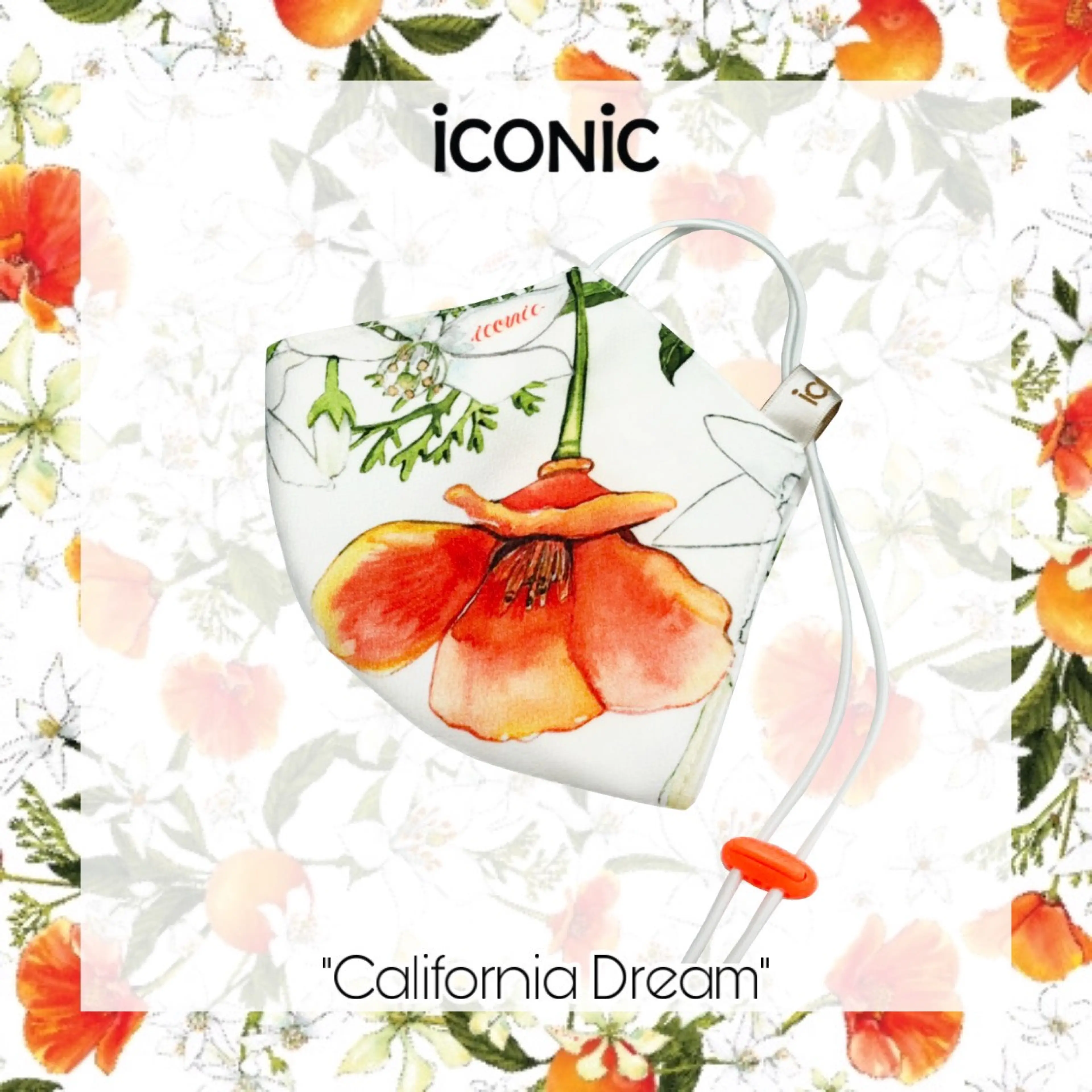 iCONiC - CALIFORNIA DREAM Mask White #4426 - ขาว หน้ากากผ้า หน้ากากอนามัย รุ่นล่าสุด ลายพิมพ์ สดใส ลวดลาย สุดพิเศษ ดอกป๊อปปี้ สีส้ม