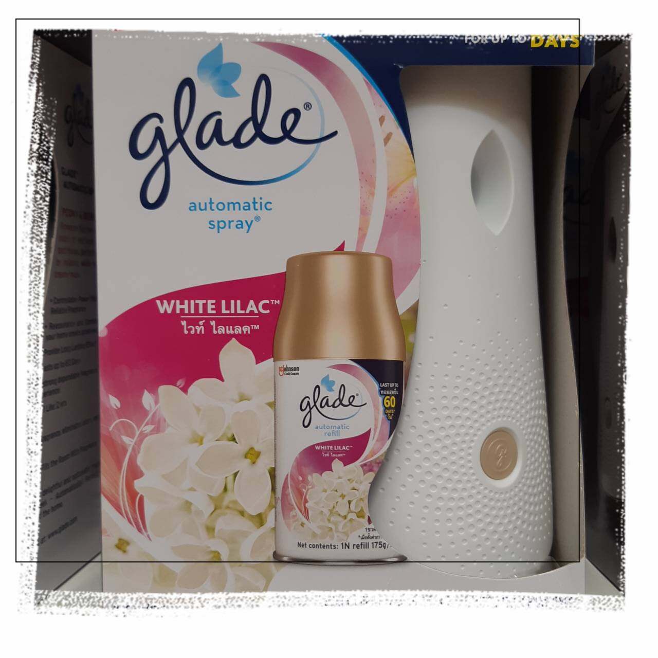 Glade Automatic Spray กลิ่น white lilac (ตัวเครื่องพร้อมสเปรย์ 1 กระป๋อง+ถ่าน 2 ก้อน) gladeปรับอากาศ น้ำหอมปรับอากาศ น้ำหอมห้อง glade เกลดออโตเมติคสเปรย์
