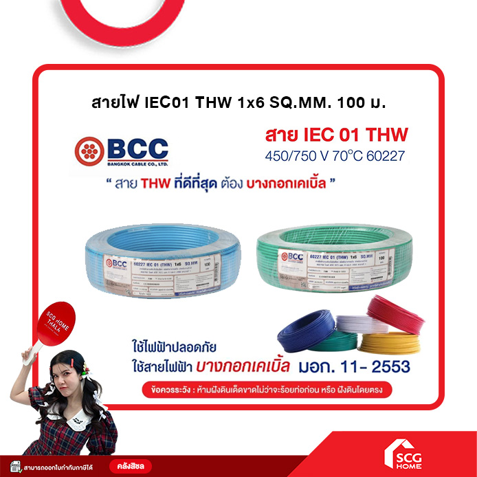สายไฟ IEC01 THW 1x6 SQ.MM. 100 ม. BCC (สต๊อกสิชล) ราคา 3,875 บาท*ส่งฟรี