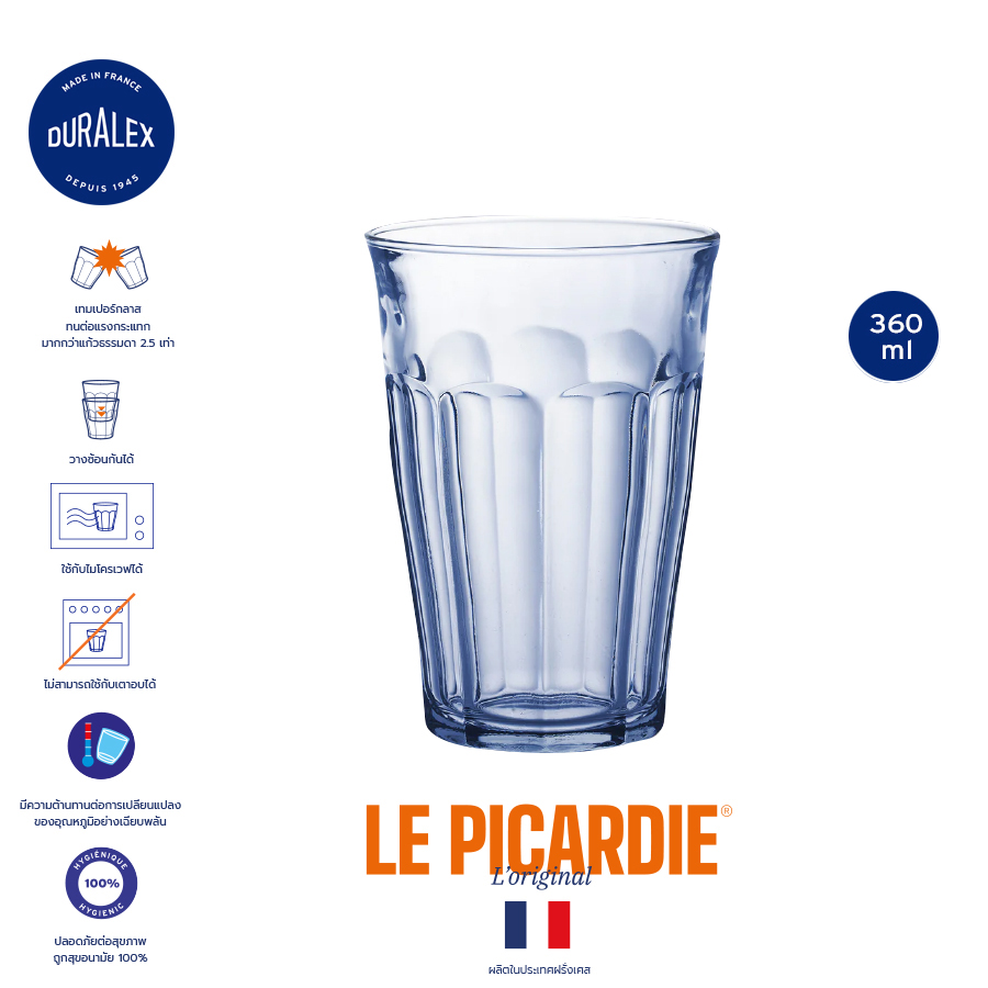 แก้วน้ำ Duralex Picardie Marine 360 ml Set 6 pcs แก้วน้ำสูง เทมเปอร์กลาส ราคา 1,149 บาท*ส่งฟรี