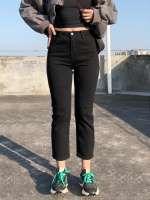 GHAOEHS 98กางเกงยีนส์สีดำ เอวสูงผ้ายืด S-5XL สาวอวบ รูปร่างลูกแพร์ กางเกงเก้าส่วน เก็บพุงคลุมสะโพก 98