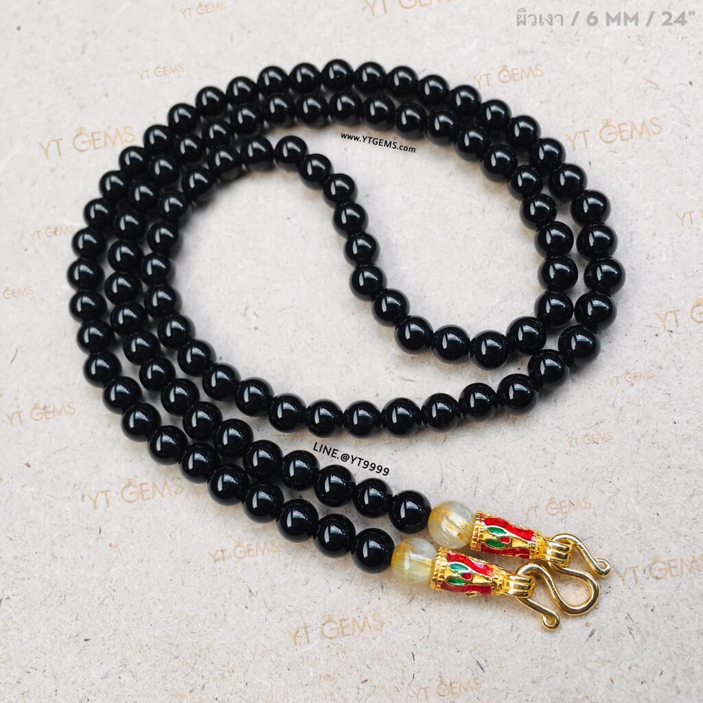 สร้อยคอนิลแท้ 6 มม. (ผิวเงา) 24 นิ้ว แต่ง ไหมทองแท้ ตะขอ ชุบทอง ลงยา YTG-11403 ราคา 2,980 บาท*ส่งฟรี