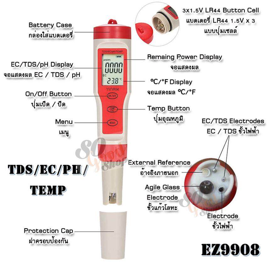 EZ-9908 4 in 1 Waterproof TDS PH EC Temperature Meter เช็คค่าpHในน้ำ  เครื่องวัด ทีดีเอส เครื่องวัดค่า EC เครื่องวัดอุณหภูมิน้ำ วัดค่าได้ 4 แบบ วัด TDS PH EC Temp. อุปกรณ์ใช้สำหรับตรวจสอบ ค่าพีเอช อีซี อุณหภูมิ เช็คคุณภาพน้ำ วัดค่าน้ำดื่ม สระว่ายน้ำ ที่ตร