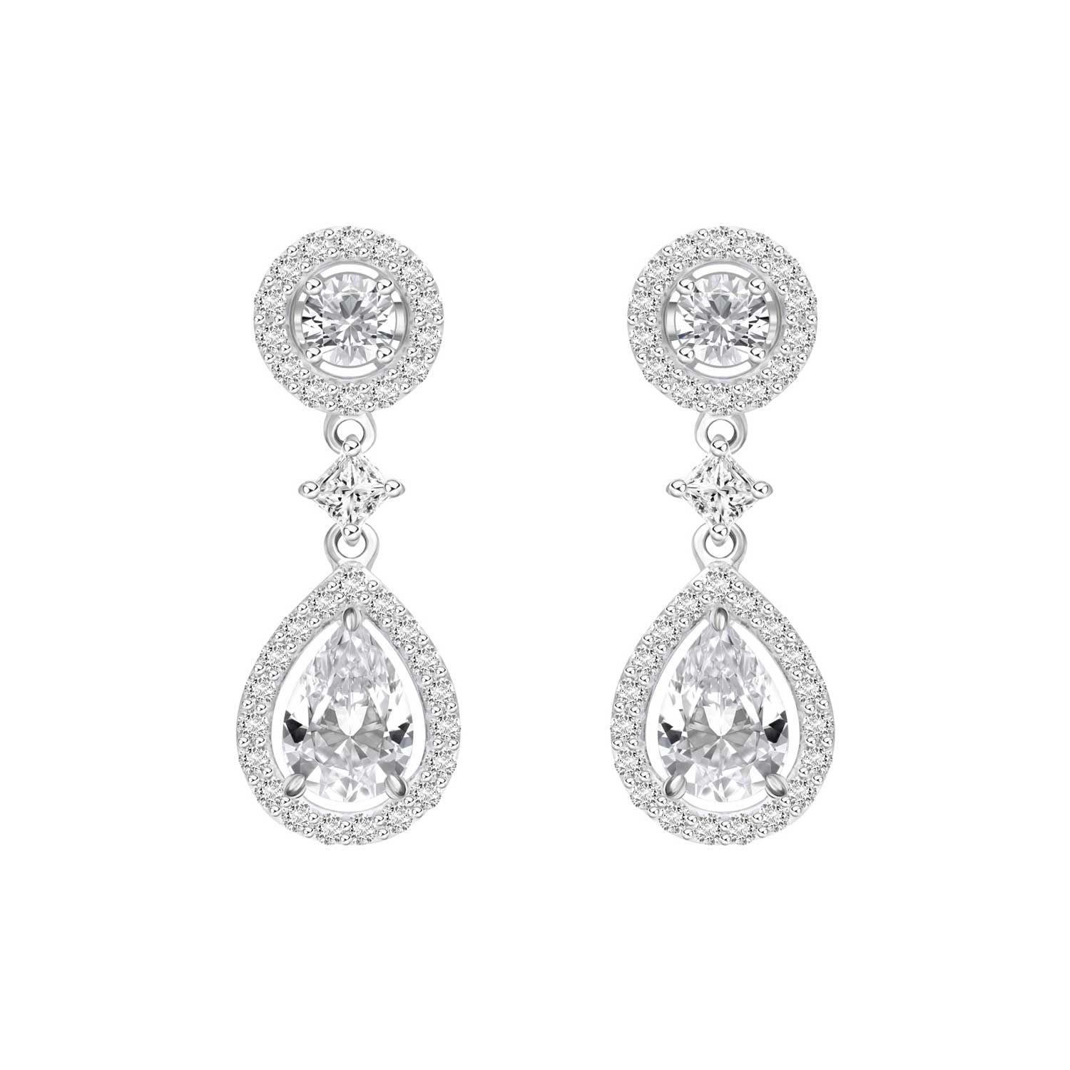 Merii Silver rhodium plated with 100 facets round and 7x5 mm pear CZ drop earrings : CZ earrings decorum 221e0531-01 ราคา 5,500 บาท*ส่งฟรี