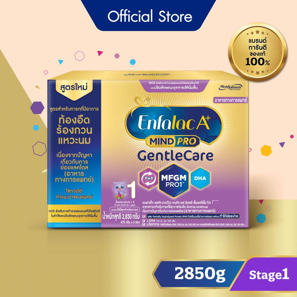 นมผง เอนฟาแล็ค เอพลัส มายด์โปร เจนเทิล แคร์ สูตร1 (2850 กรัม) Enfalac A+ MindPro Gentle Care Stage1 (2850 g) *แพ็คเกจอยู่ระหว่างการเปลี่ยนแปลง