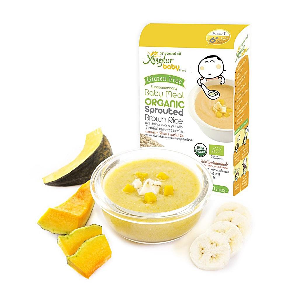 Xongdur อาหารเด็ก Organic 6เดือน+ ข้าวกล้องงอกผสมกล้วยและฟักทอง 120กรัม บรรจุ 6ซอง ปราศจาก กลูเตน