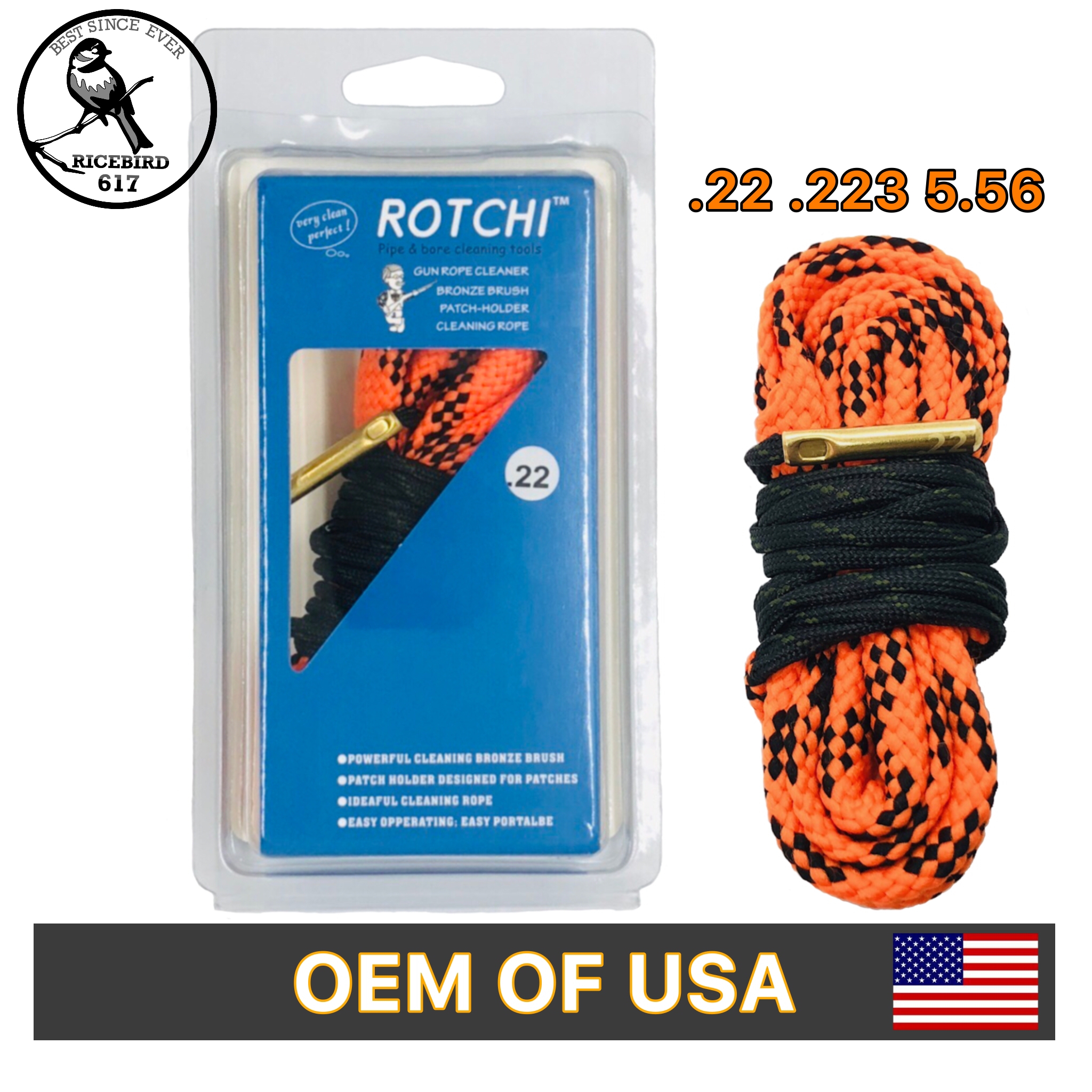 Rotchi Bore Snake แส้งู  ทำความสะอาดลำกล้องปืน  .17 .22 .223/5.56 .308 .357/ .38/9 mm .45  ลูกซองขนาด 12 GA เป็นงาน OEM จากโรงงานที่ทำส่งแบรนด์ใน USA