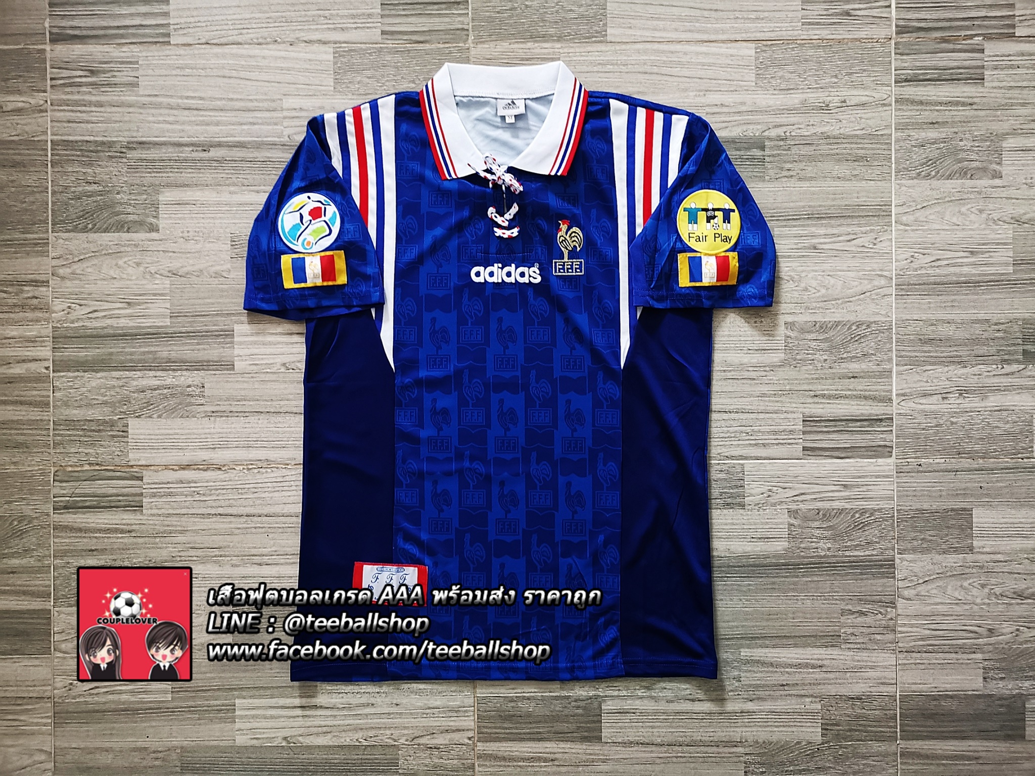 เสื้อฟุตบอลฝรั่งเศษย้อนยุค ยูโร 1996 ชุดเหย้า France Euro Home Jersey 1996 (ภาพถ่ายจากของจริง) Top Thai Quality football soccer jerseys shirts AAA