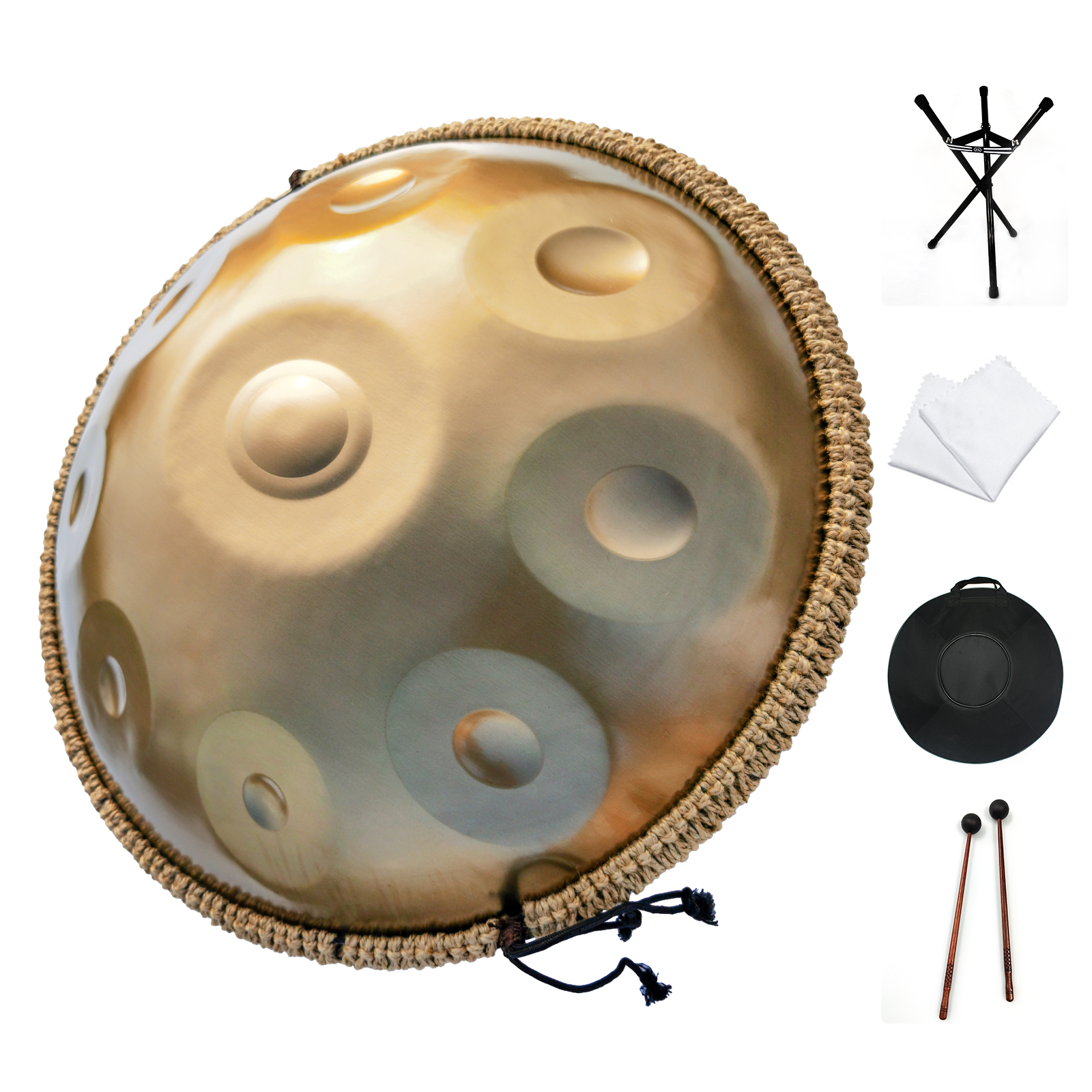 กลองด้ามใน D Minor 9 Notes 22 นิ้ว Steel Hand Drum with Soft Hand Pan Bag, 2 handpan mallet, Handpan Stand, dust-free cloth, gold