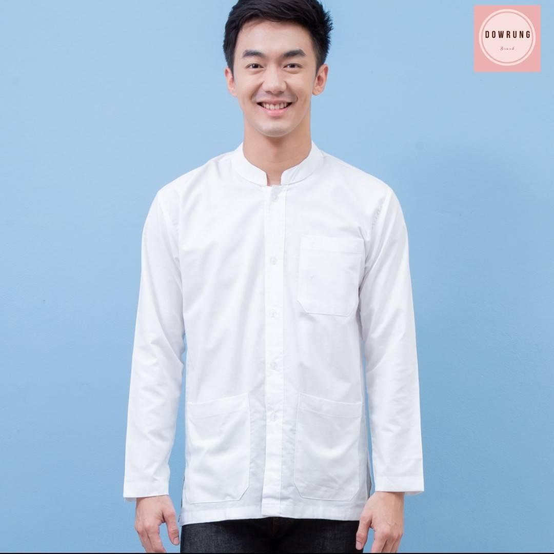 เสื้อคอจีนสีขาวแขนยาวทรงตัวปล่อย 3 กระเป๋าผ้าฝ้ายญี่ปุ่น(ใยฝ้าย100%) ใส่สบาย ไม่ร้อน
