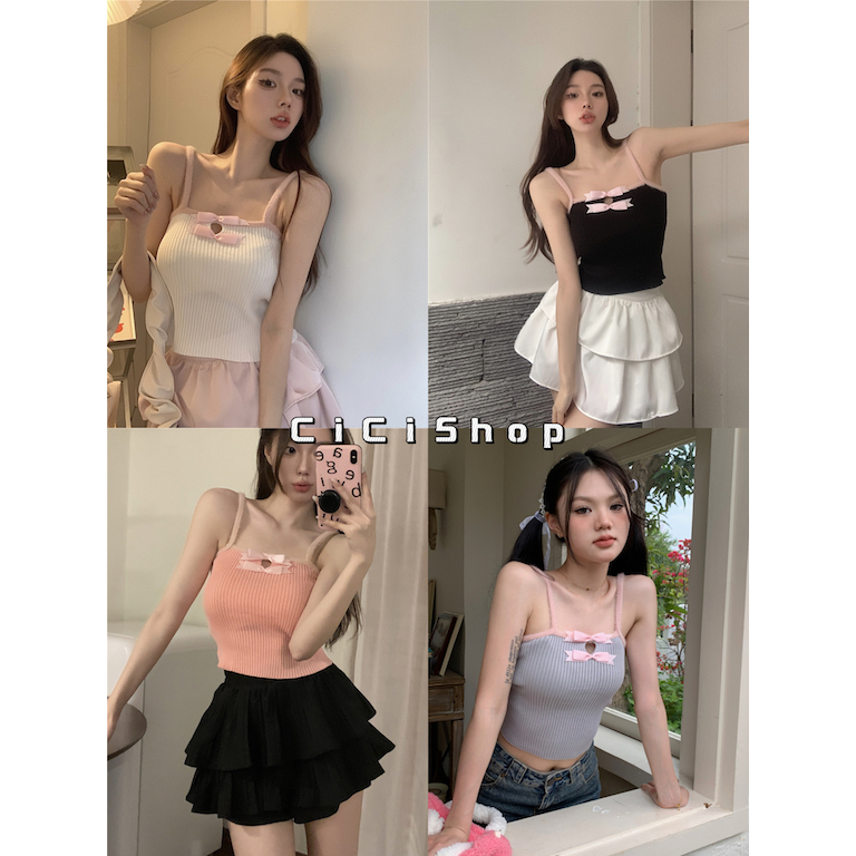 Cici(54153)สายเดี่ยวไหมพรมแต่งโบว์หน้าอกผ้าร่องเล็กสีพาสเทลน่ารักสุดๆ เสื้อเวียดนาม ราคา 75 บาท*ส่งฟรี