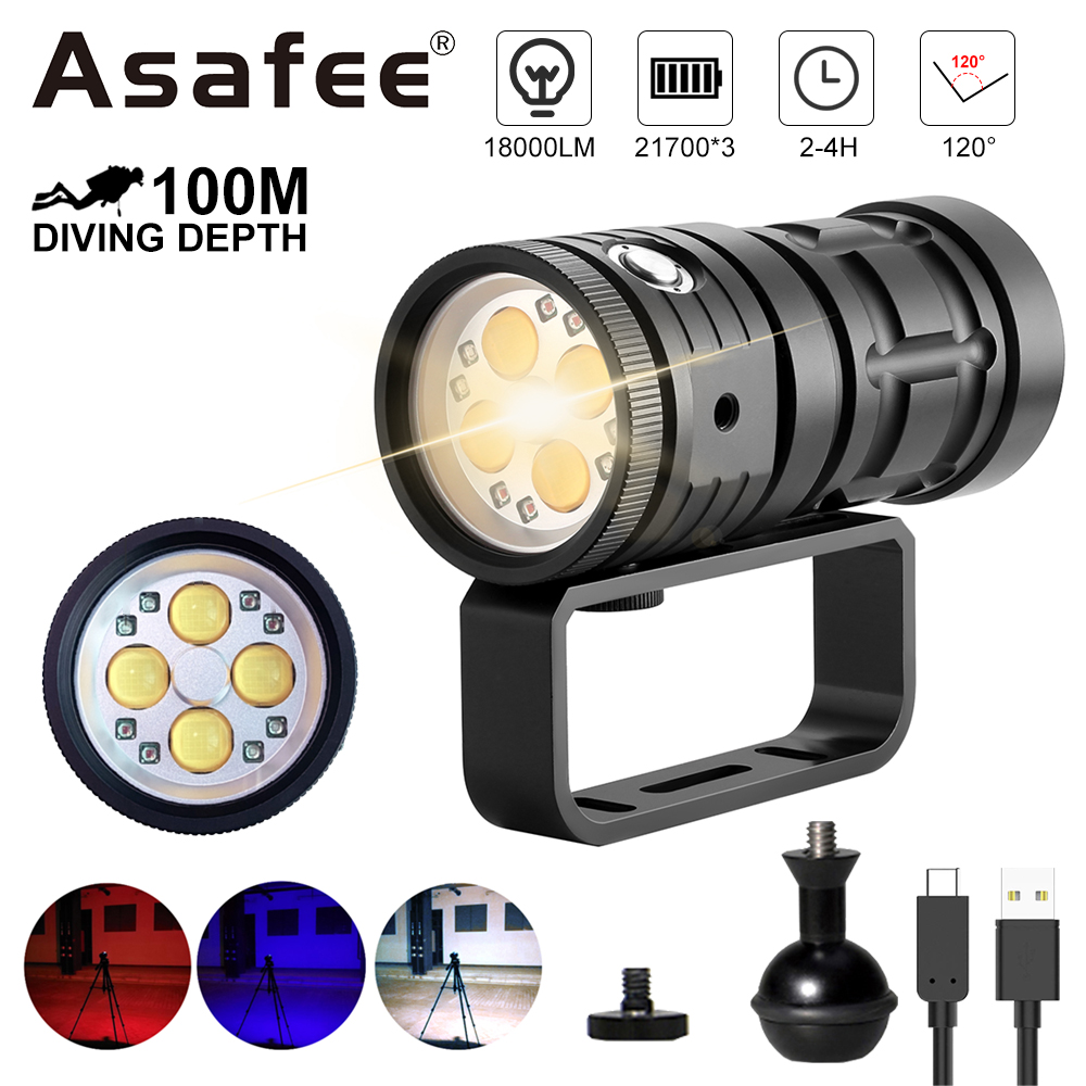 Asafee D16 Diving Flashlight 18000Lm High Brightness Cob Led Auxiliary Light Underwater Take Photos Underwater, Built-In Battery, Red/Blue Light, Adjustable Mode, Depth 100m ราคา 3,529 บาท*ส่งฟรี