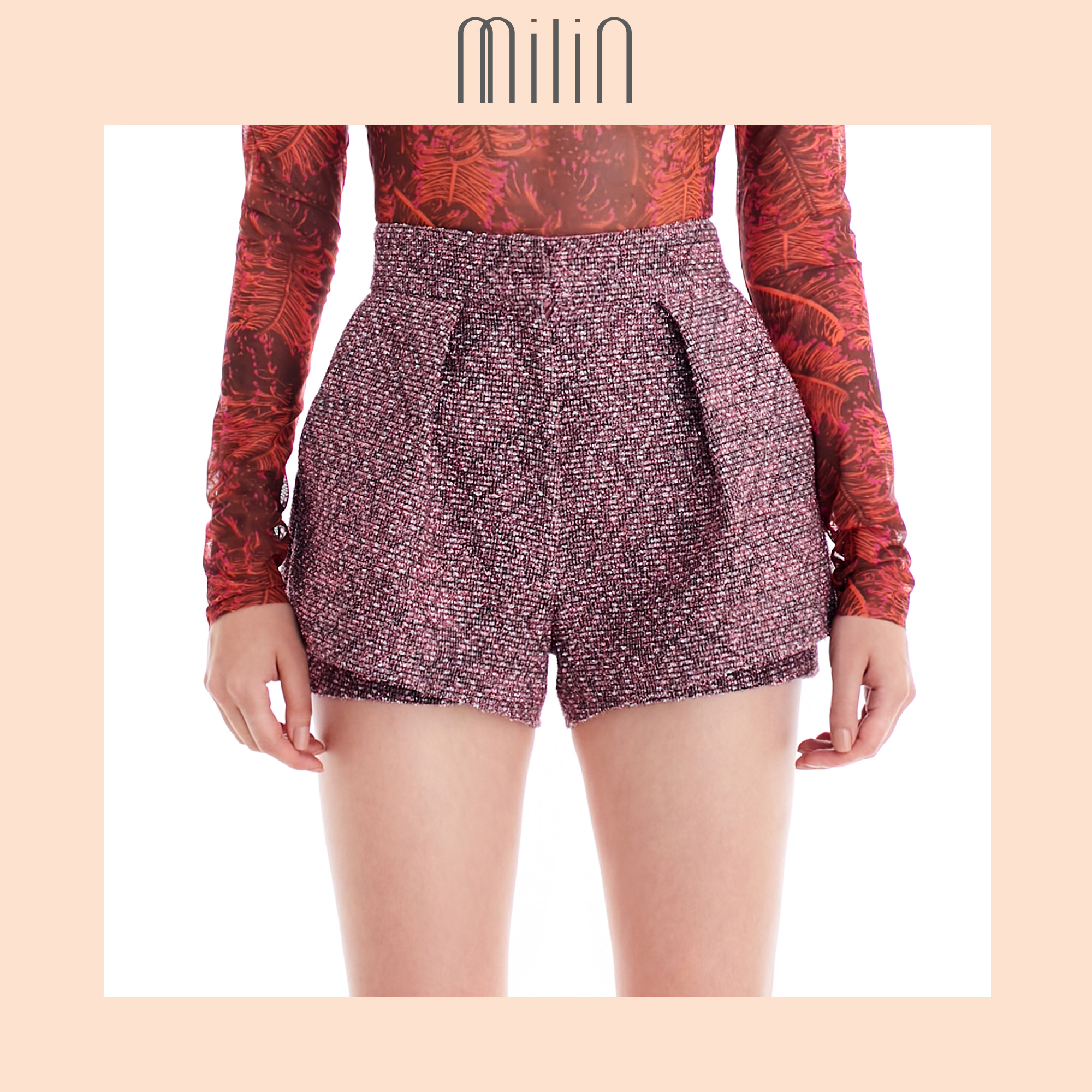 [MILIN] High waist pleated Wide legs Lurex tweed shorts กางเกงขาสั้นเอวสูง จับจีบผ้าทวีตแทรกเส้นใย เมทัลลิก / Sachem shorts ราคา 1,345 บาท*ส่งฟรี