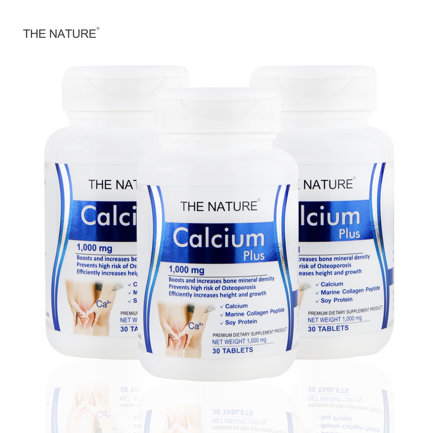 Calcium plus Collagen x 3 ขวด Soy Protein THE NATURE แคลเซียม พลัส คอลลาเจน ซอยโปรตีน เดอะเนเจอร์ บำรุงกระดูก 3 ขวด บรรจุขวดละ 30 เม็ด