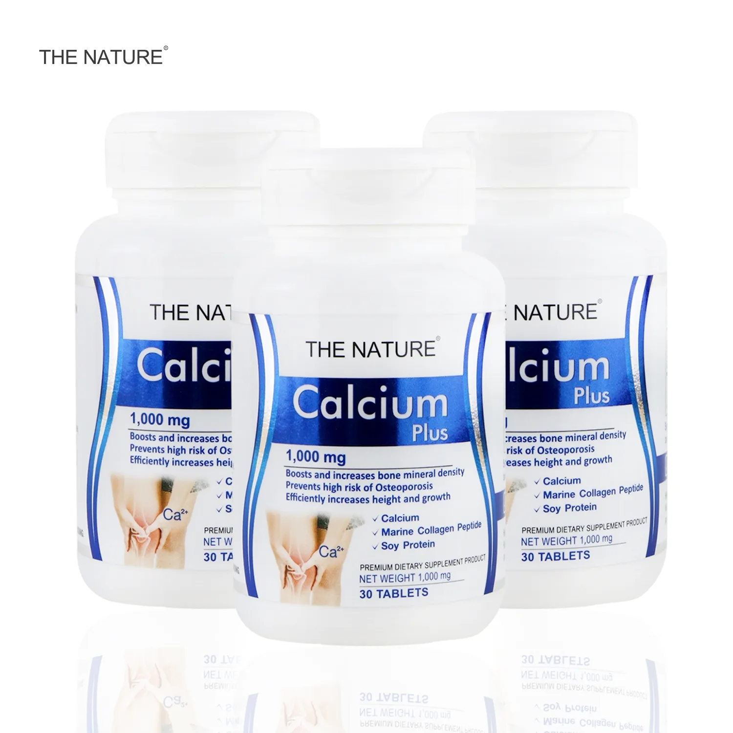 Calcium plus Collagen x 3 ขวด Soy Protein THE NATURE แคลเซียม พลัส คอลลาเจน ซอยโปรตีน เดอะเนเจอร์ บำรุงกระดูก 3 ขวด บรรจุขวดละ 30 เม็ด