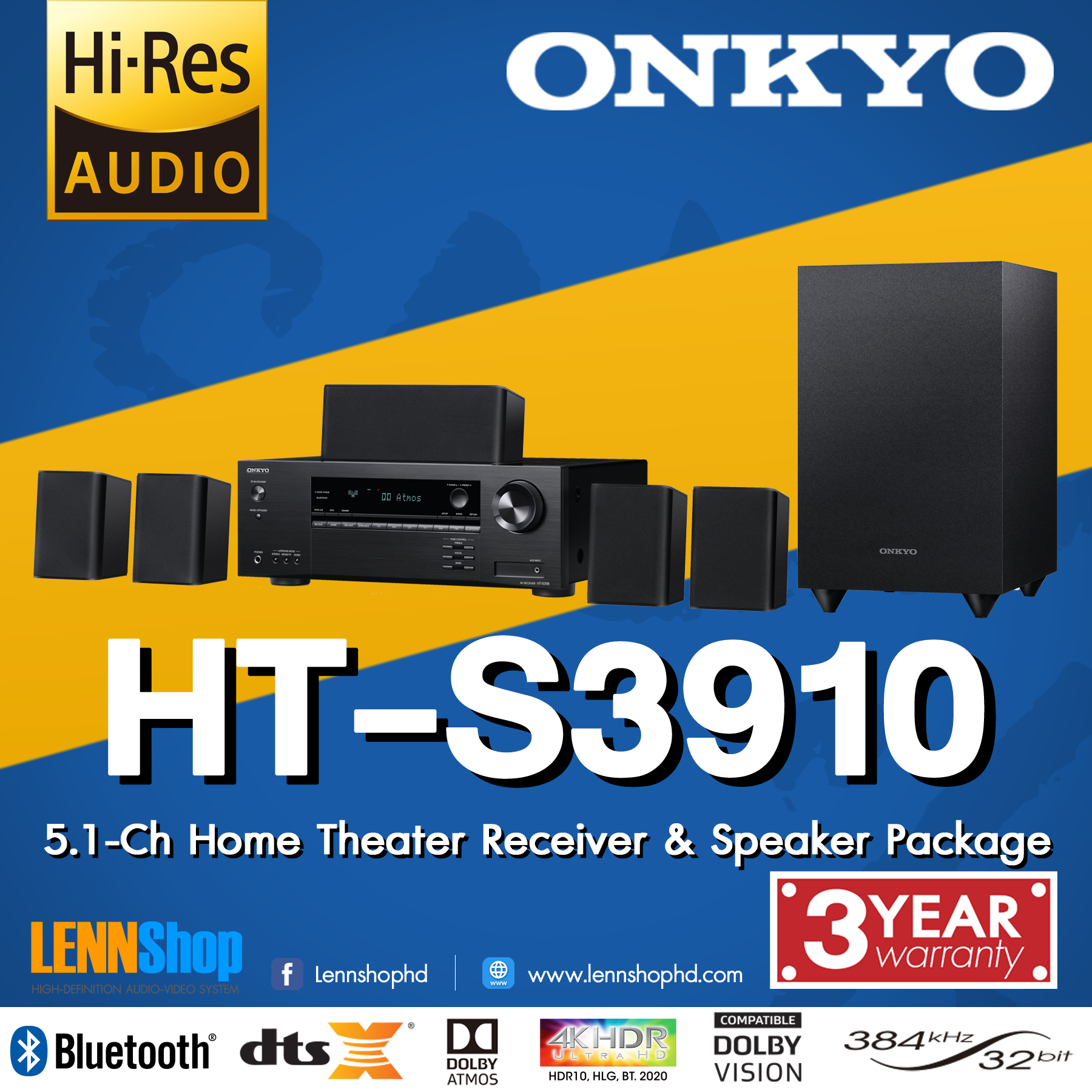 ONKYO HT-S3910 ผ่อน 0% : 5.1-Ch Home Theater แอมป์พร้อมชุดลำโพง 5.1 ระบบเสียงล่าสุด Dolby Atmos / DTSX Onkyo 3910 รับประกัน 3ปี ศูนย์ PowerBuy โดย LENNSHOP