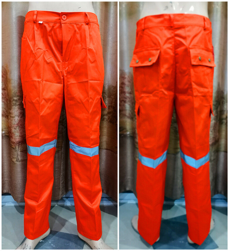 กางเกงทำงานผ้าฝ้ายโพลีเอสเตอร์หกกระเป๋าสวมใส่สบายไม่สกปรกง่ายและมีแถบสะท้อนแสงสองแถบที่ขา กระดุมทองแดงไม่เป็นสนิม