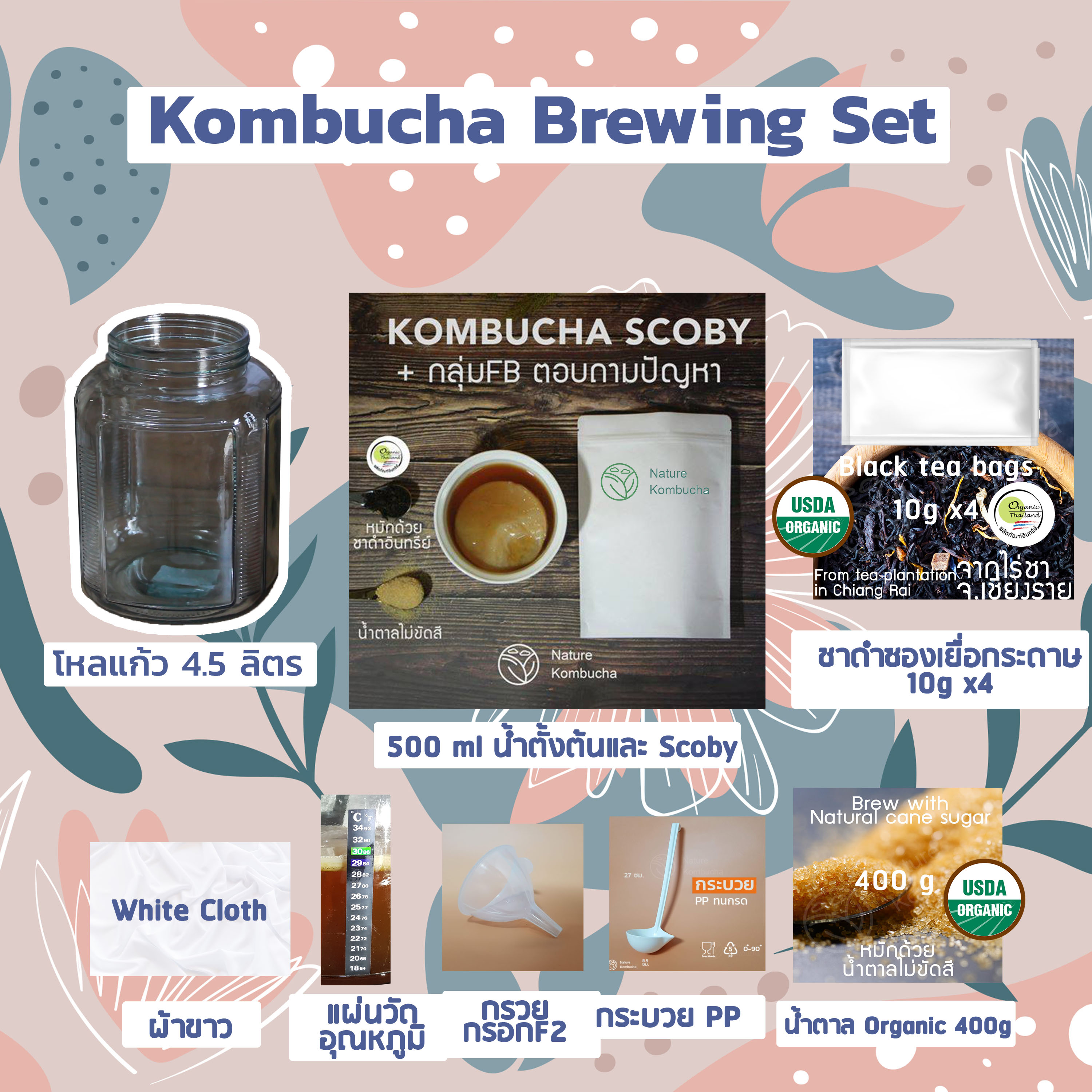 Kombucha Scoby Starter 500ml Kits | ชุดหัวเชื้อคอมบูชาเริ่มต้นหมักพร้อมอุปกรณ์ KETO