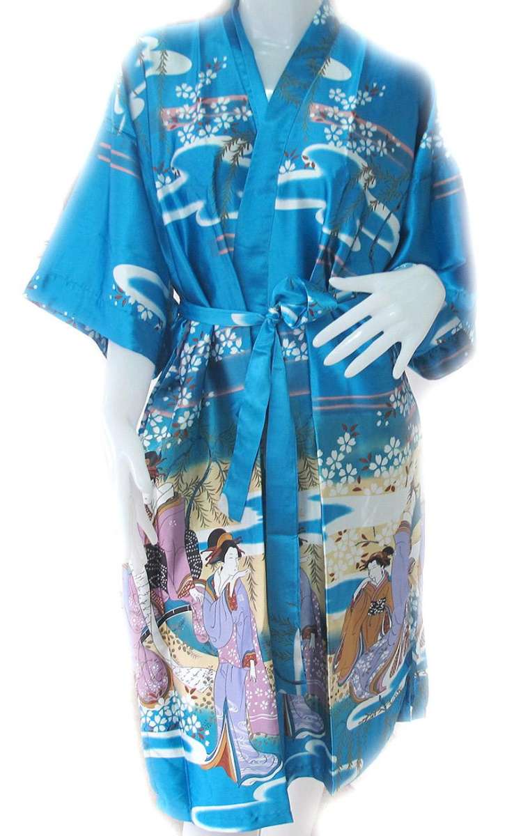 Robe สไตล์ กิโมโน ผ้า Stain ใส่นุ่มเย็นสบาย เกอิชา (ผู้หญิงญี่ปุ่น) เหมาะกับใส่เล่นอยู่บ้าน ใส่นอน เดินชายหาด ริมสระน้ำ สีฟ้า