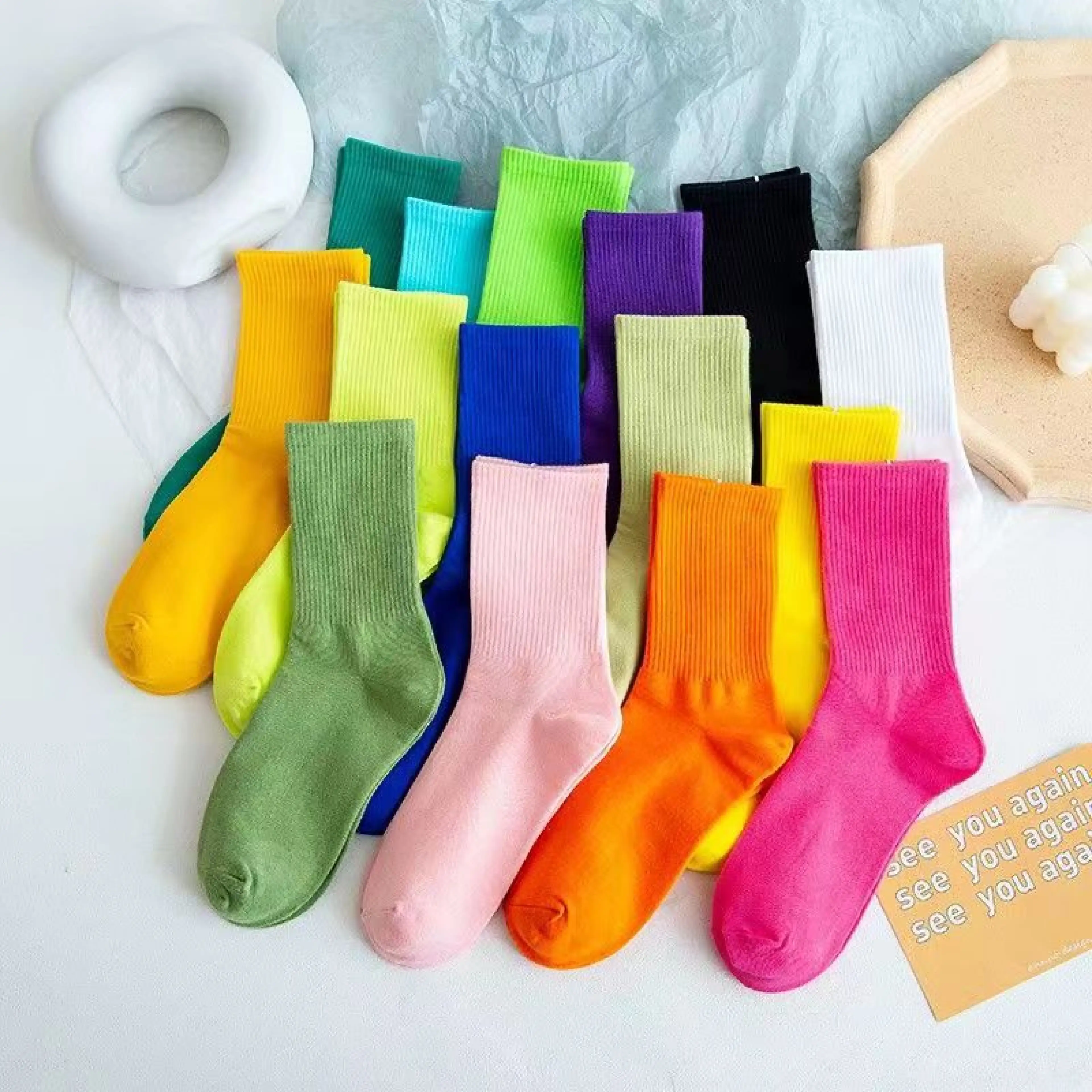 (Sent from Thailand, Price Per 1 Pair) 196 Socks, Short Socks Mid-Calf Socks Fashion Socks Women's Socks, Men's Socks, Click to Select the Color from the Product Options. - รูปที่ 1