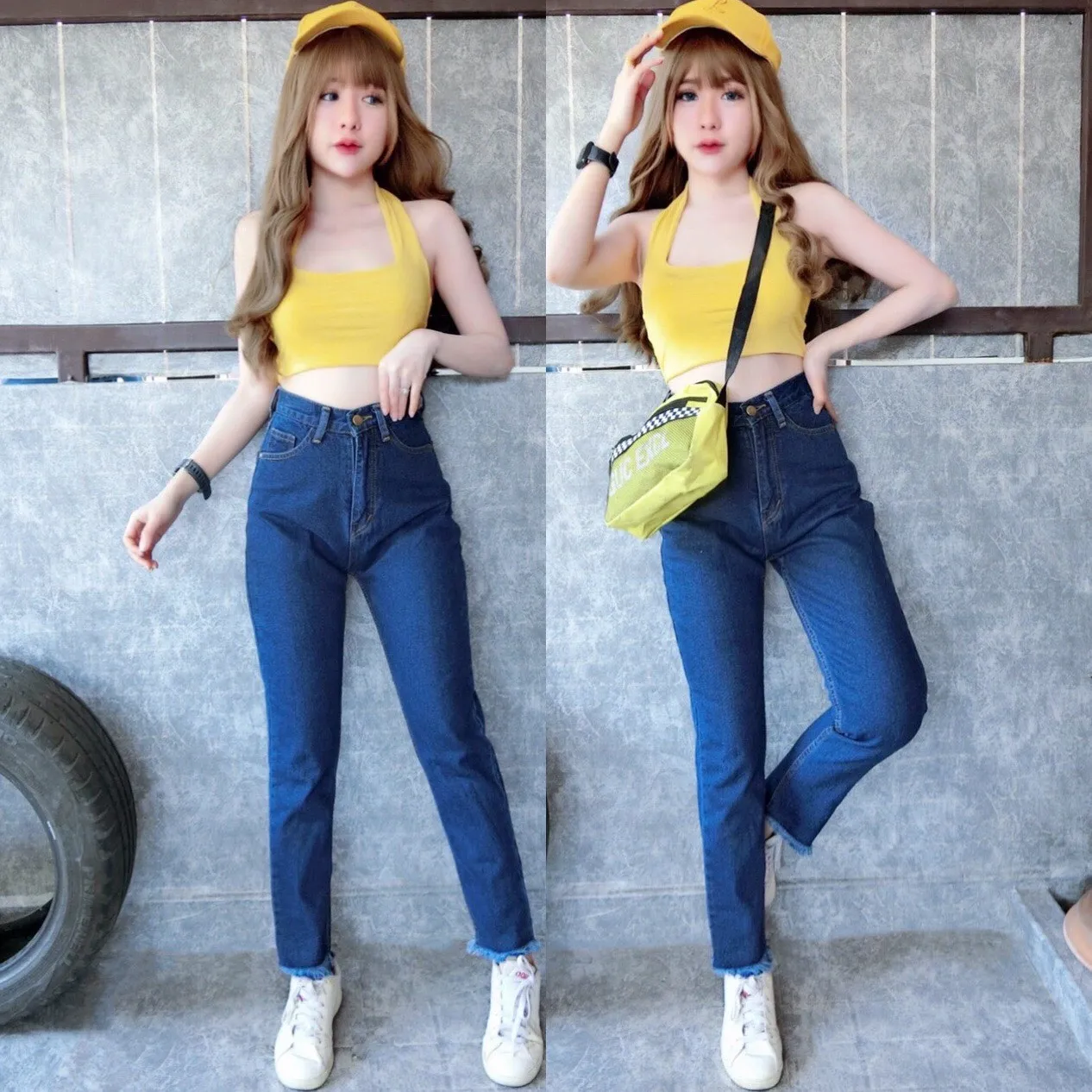 iFashion 045 [S-5XL] กางเกงยีนส์ผู้หญิง เอวสูง ทรงบอย ขาปาด สีน้ำเงินเข้ม