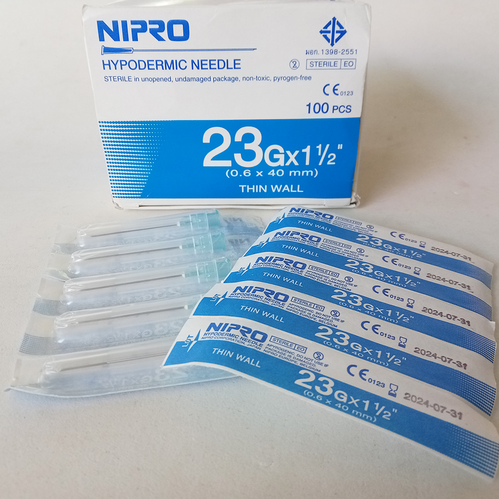 เข็มฉีดยา เบอร์ 23 g x 1.5 นิ้ว (0.6 x 40 mm) 1 กล่อง (100 ชิ้น)  NIPRO HYPODERMIC NEEDLE THIN WALL สำหรับฉีดยา วัคซีน น้ำเกลือ ใต้ผิวหนัง ใช้ได้ทั้งคน สัตว์เลี้ยง สุนัข แมว