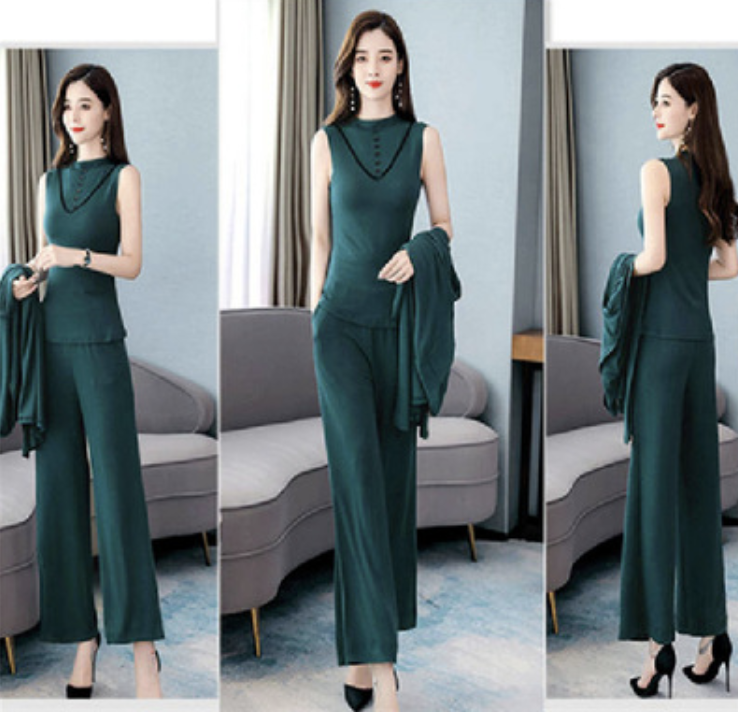 ชุดสูท สีเขียว set 3 ชิ้น กระดุม ลายคอวี working woman suit ดูเรียบหรู ใส่ทำงาน ออกงาน เที่ยว ได้ทุกสไตล์ classy