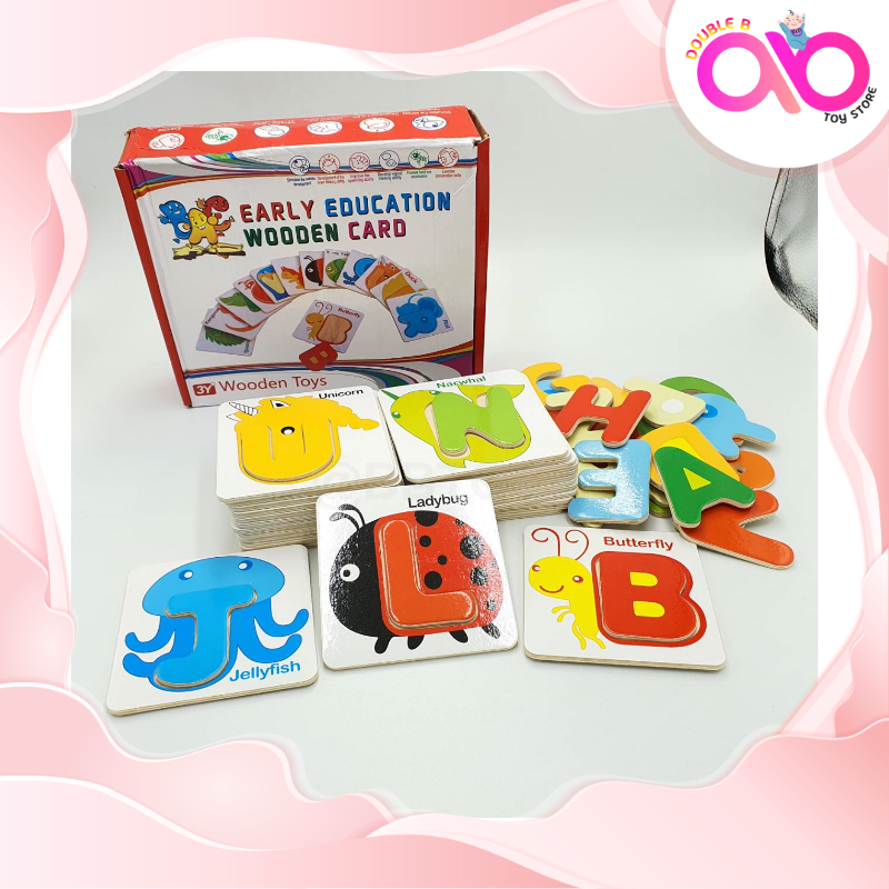 Double B Toys ของเล่นไม้ บัตรคำไม้จิ๊กซอร์ A-Z พร้อมคำศัพท์ Woodentoys  Early Education wooden card ของเล่นไม้ เสริมพมัฒนาการ ฝึกทักษะคำศัพท์อังกฤษ เหมาะสำหรับ
