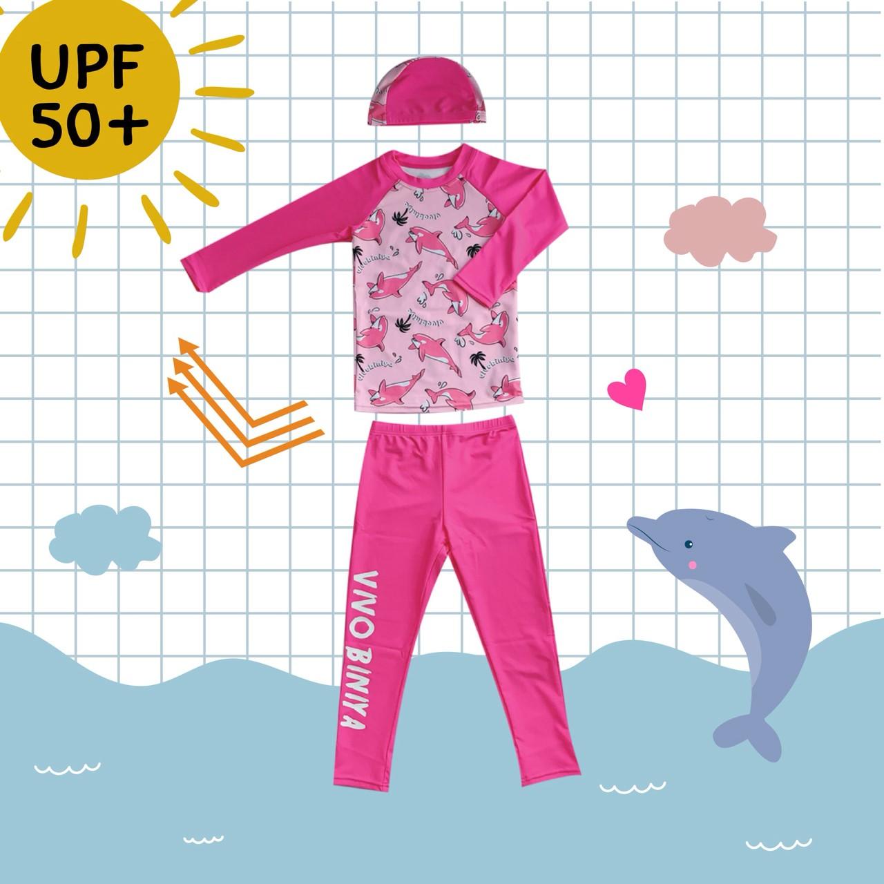 Uwae ชุดว่ายน้ำเด็ก ชุดว่ายน้ำเด็กกันแดด กัน UV ปลาโลมา สีชมพู พร้อมหมวก  รุ่น UV10