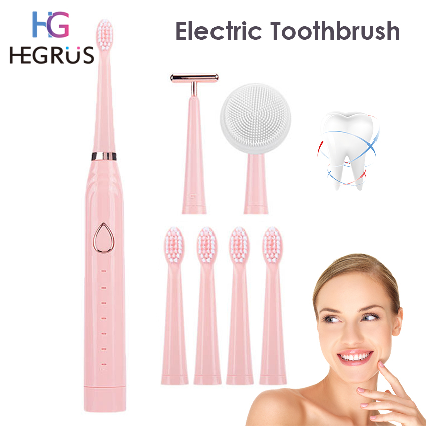 HEGRUS แปรงสีฟันไฟฟ้า Electric Toothbrush โหมด 6 แปรงขนนุ่มหัว 100% กันน้ำระบบอัลตราโซนิกหัวเปลี่ยนหัว 6
