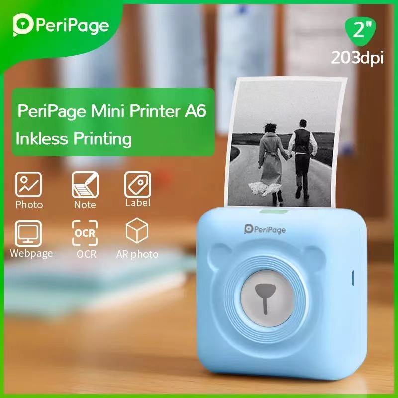 เครื่องปริ้นพกพา เครื่องปริ้นฉลาก เครื่องปริ้นไร้หมึก PeriPage A6 ของแท้ PeriPage Mini Printer A6 เเถมเคสใส1+สติ๊กเกอร์6ม้วน