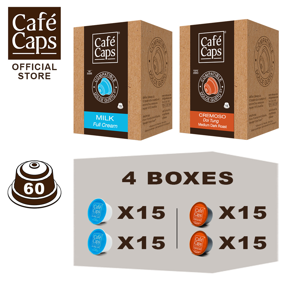 Dolce Gusto Compatible Capsules MIX (Milk & Cremoso) - Cafecaps (2 Boxes X 15 Caps Each) | แคปซูลนมและกาแฟแคปซูล ราคา 939 บาท*ส่งฟรี
