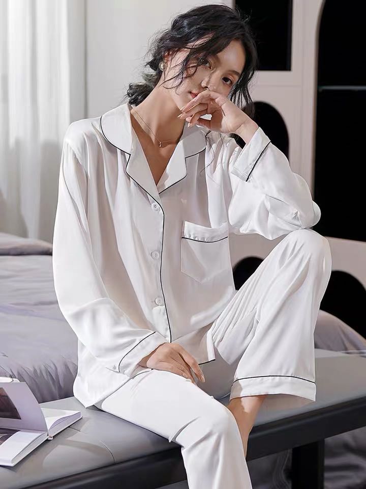 SMILE-SHOP-ชุดนอนแฟชั่นเกาหลี，Womenผ้าไหมน้ำแข็ง.เสื้อแขนยาว+กางเกงขายาว