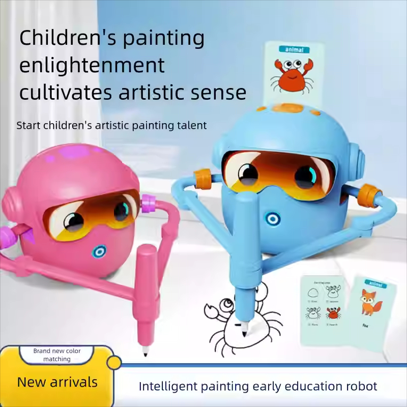Drawing Robot หุ่นยนต์วาดภาพสําหรับเด็กน้ําหนักเบาพกพาน่ารักพร้อมการ์ด 100 ใบ มอนเตสซอรี่