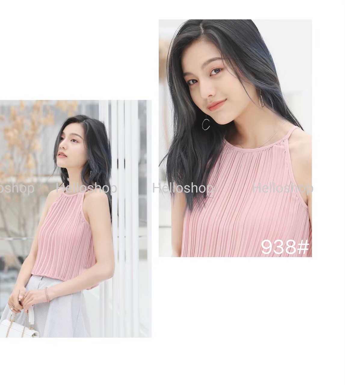 เสื้อสายเดี่ยวแขนเว้าผ้าอัดพลีท ดีเทลสวยหรูดูดีผ้าบางเบาใส่สบาย938